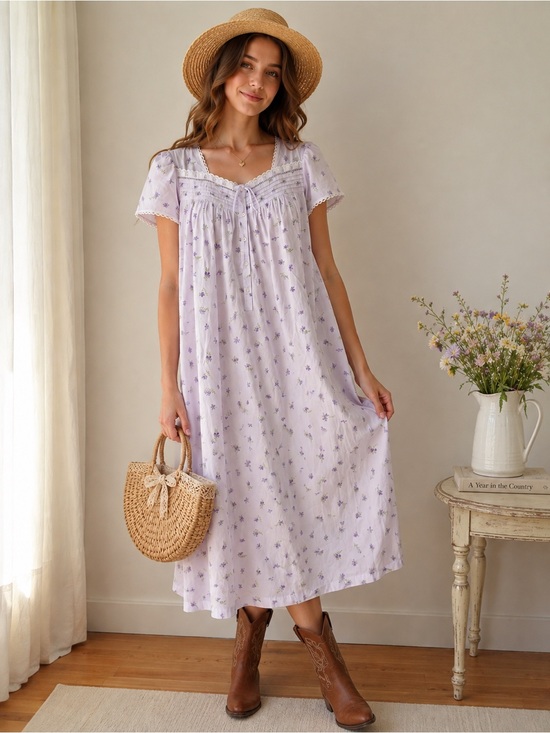 Erika Taylor Dresses & Skirts - Vintage Lavender Floral Dress Lace Trim Cottagecore Maxi Cotton